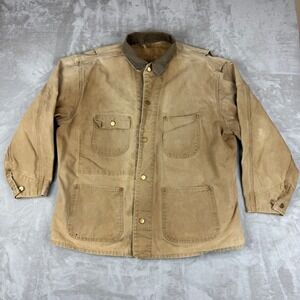 VTG Carhartt Chore Jacket Men XL? Tan Unlined Workwear Canvas Barn Coat UGWA USA